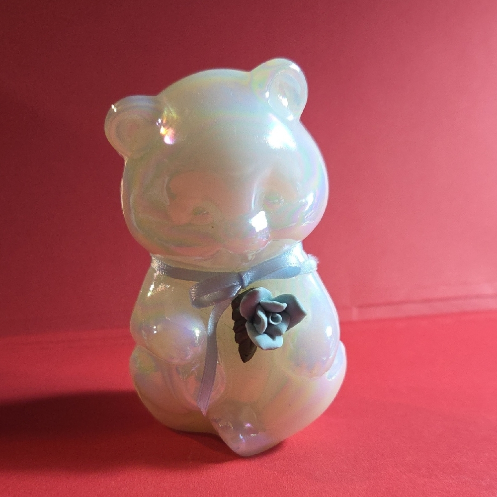 Fenton Opalescent Art Glass Bear Figurine with Blue Ribbon and Rose Accent